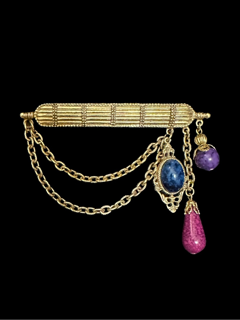 Gold-Tone Multi-Stone Dangle Brooch - Pink, Blue & Purple